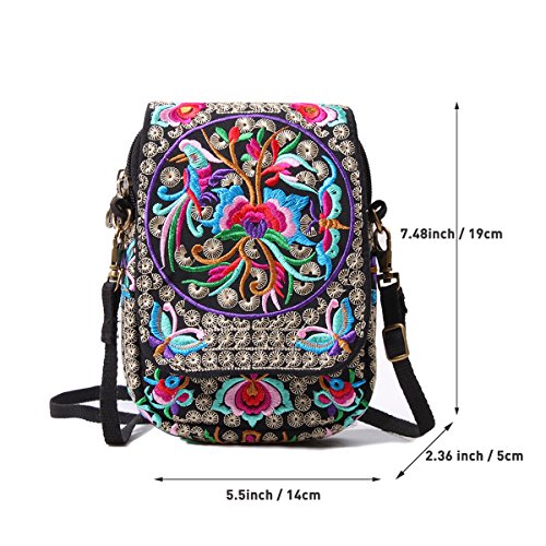 SILKAREA Embroidered Cute Mini Crossbody Bag for Women Small Handbags Wristlet Wallet Bag Cell-phone Pouch Coin Purse - color: Black Flower