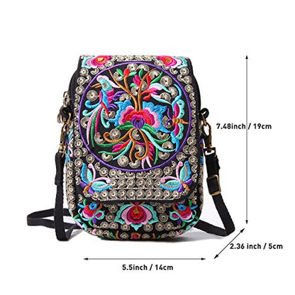 SILKAREA Embroidered Cute Mini Crossbody Bag for Women Small Handbags Wristlet Wallet Bag Cell-phone Pouch Coin Purse - color: Black Flower