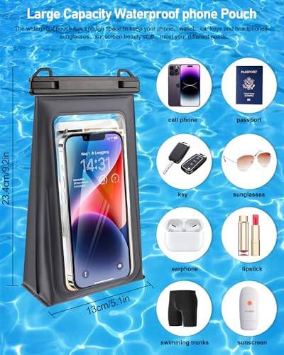 Large Waterproof Phone Pouch Universal Phone Waterproof Case for Phone IPX8 Water Proof Dry Bag with Wide Lanyard Large Capacity Waterproof Bag for Swimming Rafting - color: Black, Large Opening 5.1''
