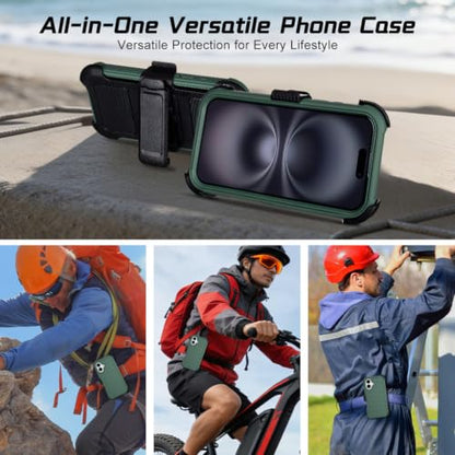 Defender Phone Case for iPhone 16 Case with Clip Holster Kickstand Green | for iPhone 16 Case Heavy Duty iPhone16 Phone Case Rugged 2 Layers of Sturdy,Anti-Drop for Phone Case iPhone 16Case Protective - color: Green