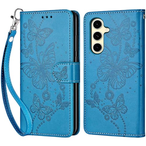 for Samsung Galaxy S24 FE Wallet case, Blue-Butterfly | 3 Card Holders, Kickstand, Shockproof TPU Shell, PU Leather, Magnetic Closure, Protective Flip Folio Cover, Women - color: 8