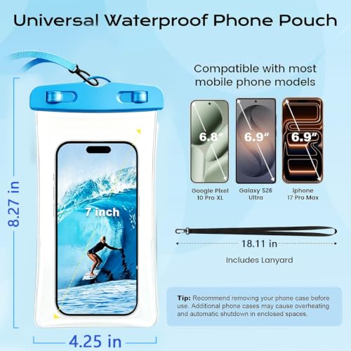 Waterproof Phone Pouch,IPX8 Phone Case for iPhone 17/15 Pro Max,Underwater | Phone Dry Bag for Beach Playing & Swimming,Snorkel,Skiing,Surfing Cruise Essential,Touch Screen with Lanyard(Fits Up to 7.2") - color: Blue