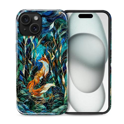 Case Compatible with iPhone 15 Plus, Cute Dual Layer Hybrid Phone Cover, Military Grade Drop Protection, Aesthetic Shockproof Phone Case for Women Girls, Woodland Fox Stained Glass - color: Woodland Fox Stained Glass, size: Iphone 15 Plus