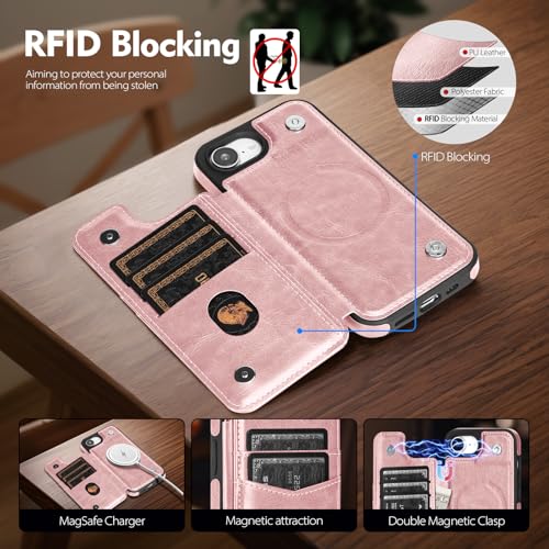 SkyEagle Compatible with MagSafe iPhone 17e / 16e Case Wallet,Pink | Magnetic Clasp,RFID Blocking,PU Leather,Flip Folio Shockproof Phone Cover,with Credit Card Slots & Kickstand for Men & Women - color: Pink