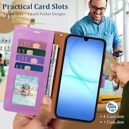 Wallet Case for Samsung Galaxy A17, RFID Blocking (Purple) | 4 card slots with ID window, cash pocket, wrist strap, stand function, magnetic closure, flip PU leather, TPU inner shell - color: Purple