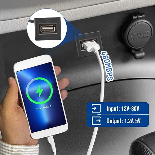 Anina USB Port Car Charger for Toyota, Male to Female USB Power Socket Adapter, Panel Flush Mount Extension Cable for Tundra Land cruiser Prado RAV4 Camry Corolla, Square Vehicle Dash Port (25*22mm)
