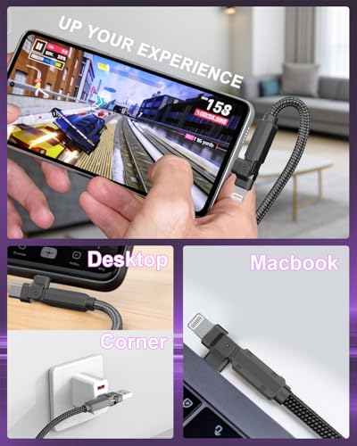 90 Degree USB C Cable for iPhone 17 16 Pro Max, 4in1 USB-C/A to C/Lightning Cable 6FT, 60W Fast Multi Charging Cord with 90° Rotating Swivel USBC/Lightning Adapter for Apple 15 14 13,Carplay,Auto