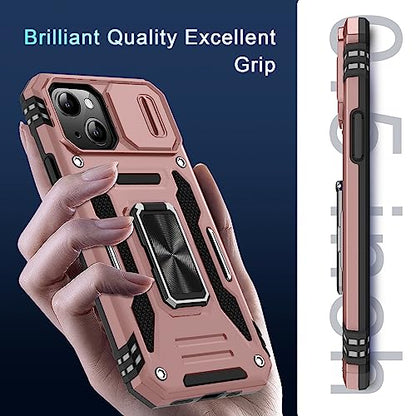 DEERLAMN Case for iPhone 13/iPhone 14 6.1-Inch with Slide Camera Cover+Screen Protector(2 Packs),Rotated Ring Kickstand Military Grade Shockproof Protective Cover-Rose Gold - color: Rose Gold