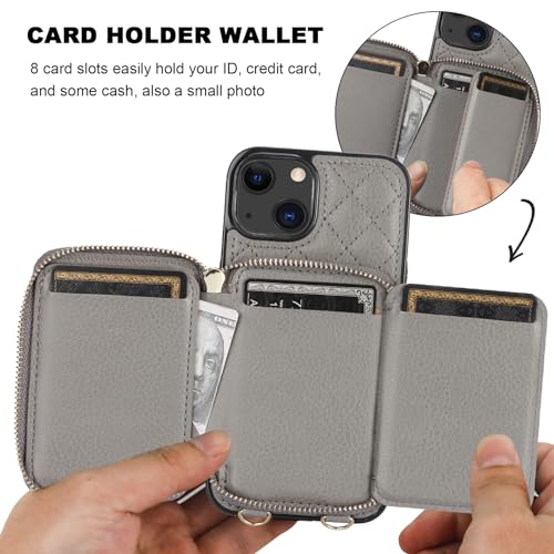 Bocasal Crossbody Wallet Case Card Holder for iPhone 13, Grey | RFID Blocking PU Leather Zipper Handbag Purse, Kickstand Flip Folio Case with Card Slots Holder Wrist Strap Lanyard 6.1 Inch - color: Gray