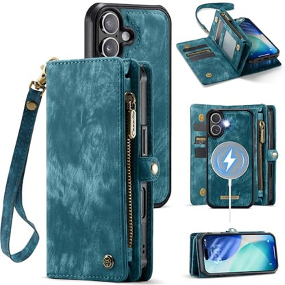 Compatible with iPhone 17 Wallet Case with Magsafe,Blue | Magnetic Detachable Case,Card Holder,Zipper Pocket,Strap Wristlet, Soft Leather Drop-Proof Phone Case for iPhone 17 6.3" - color: (Detachable and Magsafe)-Blue, size: iPhone 17 6.3 Inch