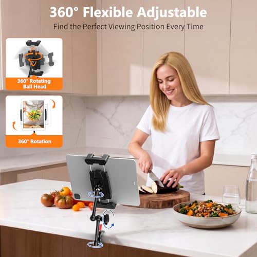 Portable Tablet Stand for Desk, 360° Adjustable iPad Holder for Bed, Metal Desk Clamp with Sturdy Aluminum Tablet Arm Mount for 4.7"-13.5" Kindle,iPad Pro/Air/Mini, iPhone,for Kitchen,Work,Video Call