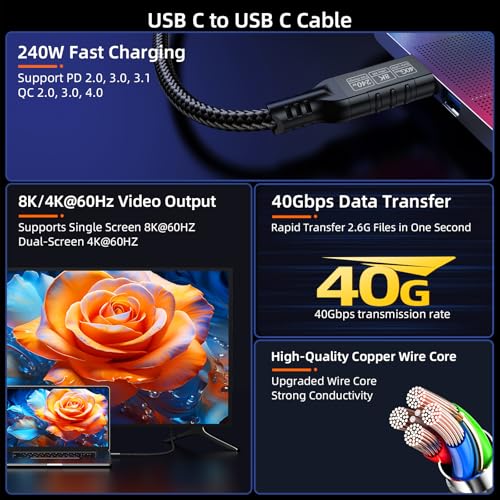 USB C Cable for Thunderbolt 4/3 Cable 6.6ft, USB C 240W/40Gbps/8K/4K@60Hz - color: Black, size: 6.6FT, style: Straight