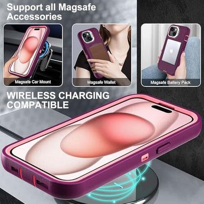YKHJKLEC for iPhone 15 Case, Military Grade 3 in 1 Heavy Duty Shockproof/Drop Proof/Dust Proof with Kickstand Case, with 2 x Tempered Glass Screen Protector (ZJ-Purple/Pink) - color: ZJ-Purple/Pink