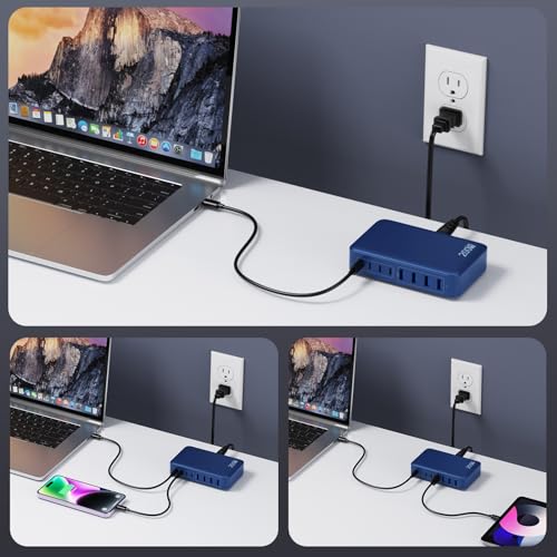 USB C Charger 200W USB C Charger Block,Upgraded GaN III 8-Port Fast Charging Station Hub,PD 65W Laptop Charging Adapter Compatible with MacBook Pro/Air,DELL,Steam Deck,iPhone 16/15/14,Galaxy S23/22 - color: Deep Blue, size: 200W