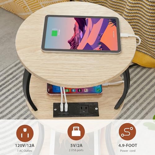 YEAKOO Small Side Table with Charging Station,3-Tier Round end Table - color: Oak, style: USB Charger
