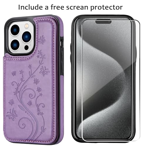Wallet Case for iPhone 15 pro max, Slim Protective case with Card Holder,Premium PU Leather Kickstand Card Slots Case with Double Magnetic Clasp for iPhone 15 promax(6.7")-Purple Butterfly - color: Purple