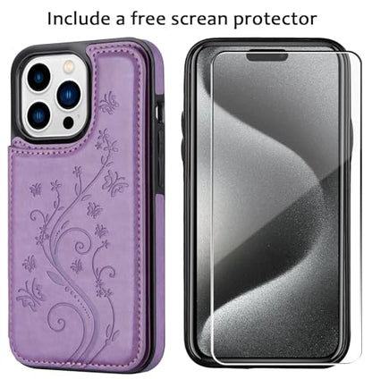 Wallet Case for iPhone 15 pro max, Slim Protective case with Card Holder,Premium PU Leather Kickstand Card Slots Case with Double Magnetic Clasp for iPhone 15 promax(6.7")-Purple Butterfly - color: Purple
