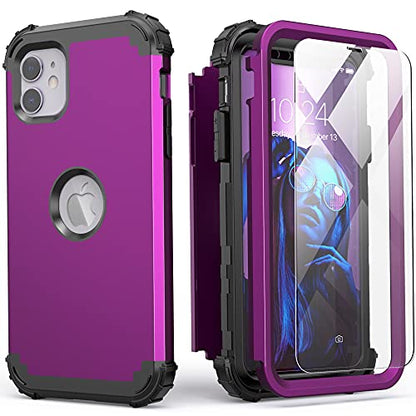 IDweel for iPhone 11 Case with Tempered Glass,Hybrid 3 in 1 Shockproof Slim Heavy Duty Protection Hard PC Cover Soft Silicone Bumper Full Body Case for iPhone 11 6.1 Inch, Navy Purple - color: Navy Purple