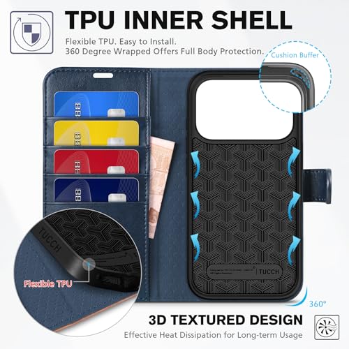 TUCCH Wallet Case for iPhone 17 Pro (6.3"), 4 Card Holders, Blue & Brown | RFID Blocking, Viewing Stand, Shockproof TPU Shell, PU Leather, Magnetic Closure, Protective Folio Flip Cover - color: Two-tone Blue & Brown