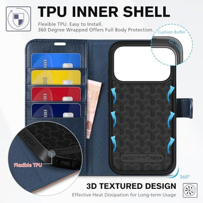 TUCCH Wallet Case for iPhone 17 Pro (6.3"), 4 Card Holders, Blue & Brown | RFID Blocking, Viewing Stand, Shockproof TPU Shell, PU Leather, Magnetic Closure, Protective Folio Flip Cover - color: Two-tone Blue & Brown