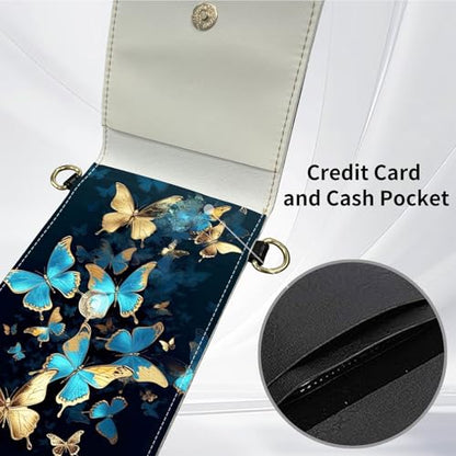 for Women Cell Phone Purse,with Touchscreen Cell Phone Purse,PU Leather Shoulder Bag Waterproof Phone Wallet Case with Clear Touch Screen Window up to 6.7 inch Smartphone, - color: Gold Blue Butterfly-119