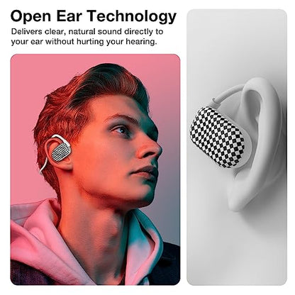 Purity Air Open Ear Headphones - True Air Conduction Wireless Bluetooth Open Ear Earbuds with Dual Mic for iPhone/Android - Secured Long Wearing Comfort, Sports Sweat Resistant (BWHS152) - color: Black and White Hypnotic