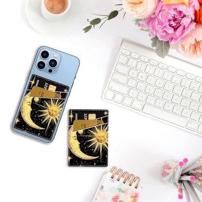 CREATCABIN Sun Phone Card Holder Leather Cell Phone Wallet Stick on Adhesive Credit Card Holder Slim Double Pocket Sticker for Back of Phone Case Compatible with Most Phones 3.7 x 2.5 Inch - style: Sun