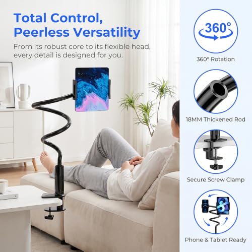 Phone Holder for Bed, Adjustable Stable Metal Cell Stand Mount for Desk Table BedHeadboard, Bed, Bedside, Table, Flexible Long Arm Stand, Overhead Cell Phone Clamp Mount,for All 4-7” Device