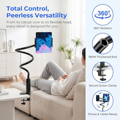 Phone Holder for Bed, Adjustable Stable Metal Cell Stand Mount for Desk Table BedHeadboard, Bed, Bedside, Table, Flexible Long Arm Stand, Overhead Cell Phone Clamp Mount,for All 4-7” Device