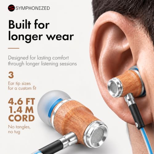 Symphonized Premium Wooden Wired Earbuds with Microphone (Aux 3.5mm Jack) - color: Blue, style: 3.5mm Aux
