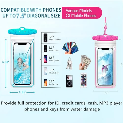 Universal Waterproof Phone Pouch, 4 Pack Waterproof Phone Case Dry Bag with Neck Strap Luminous Ornament for Water Games Cruise Essentials for iPhone 17 16 15 13 Pro Max Plus Galaxy Google up to 7.5"