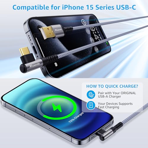 90 Degree USB C CarPlay Cable (6ft 2-Pack), Right Angle 3.1A Fast Charge Cord Compatible with iPhone 17 16 15 Pro Max Galaxy S25, Grey - size: 6Ft 2Pack