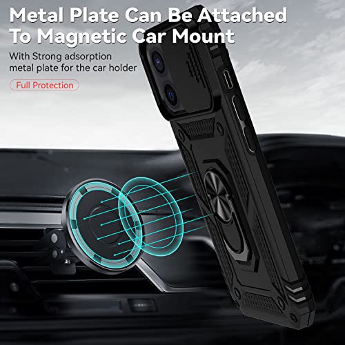 for iPhone 12 Mini Case with Camera Lens Cover HD Screen Protector, Dual Layer Military Grade Drop Protection Magnetic Ring Holder Kickstand Protective Phone Case for iPhone 12 Mini 5.4 inch (Black) - color: Black with camera cover Military-Grade 2nd gen
