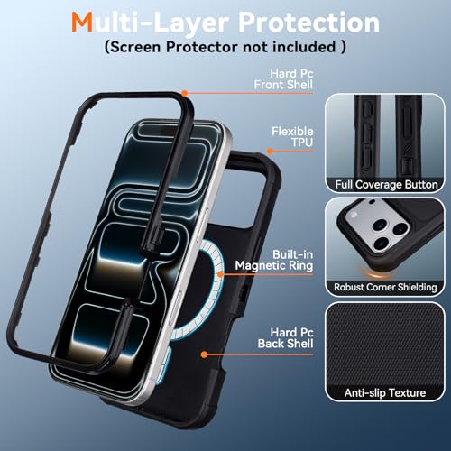 for iPhone 17 Pro Case with Belt Clip, Compatible with Magsafe, Black | Military Grade Drop Protection, 2 Layers of Sturdy, Heavy Duty Shockproof Cover for iPhone 17Pro Case Rugged - color: Black