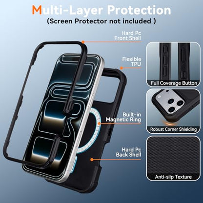 for iPhone 17 Pro Case with Belt Clip, Compatible with Magsafe, Black | Military Grade Drop Protection, 2 Layers of Sturdy, Heavy Duty Shockproof Cover for iPhone 17Pro Case Rugged - color: Black