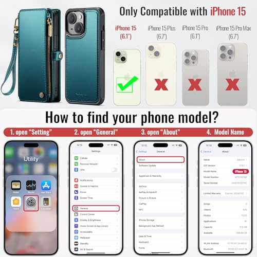 Defencase for iPhone 15 Phone Case Wallet Compatible with Magsafe, Green | Magnetic Detachable, Drop-Proof Protective Wallet Cases Cover, with RFID Bolcking Card Holder, Zipper Strap, Soft PU Leather - color: (Detachable with Magsafe)-Blue Green