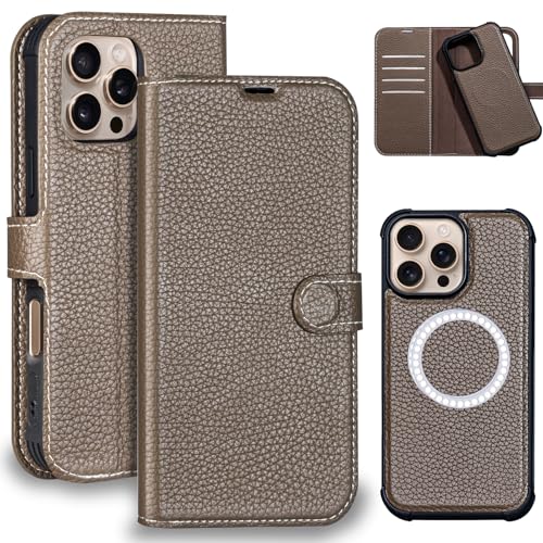 Genuine Leather Wallet Case for iPhone 16 Pro 6.3", Gray Brown | 2-in-1 Magnetic Detachable, Shockproof, Flip Folio with Card Slot, RFID Blocking - color: Gray Brown, size: 16 Pro 6.3‘’