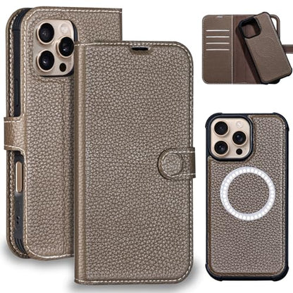 Genuine Leather Wallet Case for iPhone 16 Pro 6.3", Gray Brown | 2-in-1 Magnetic Detachable, Shockproof, Flip Folio with Card Slot, RFID Blocking - color: Gray Brown, size: 16 Pro 6.3‘’