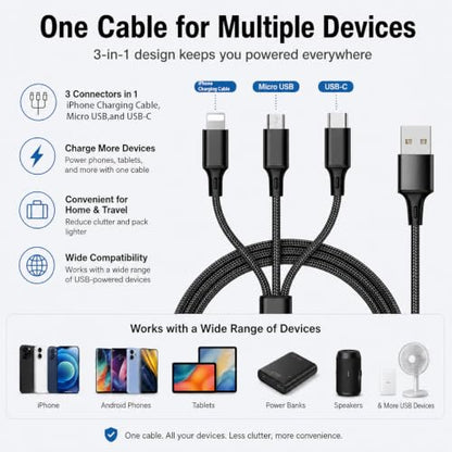 3-in-1 Multi Fast Charging Cable 4FT Nylon Braided Micro USB USB-C for iPhone 14 13 12 Pro Max Samsung OnePlus Xiaomi Travel Car Accessories - color: Black