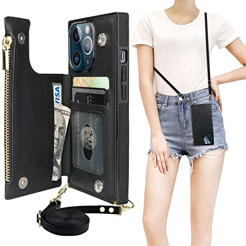 Bocasal Crossbody Wallet Case for iPhone 13 Pro with RFID Blocking Card Slot Holder, Magnetic Flip Folio Purse Case, PU Leather Zipper Handbag with Detachable Lanyard Strap 6.1 Inch 5G (Black) - color: Black