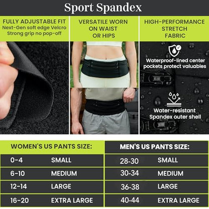 StashBandz Running Belt Money Belt, 3 Large Zippered Pockets, Phone Holder - size: Medium