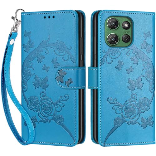Wallet Case for Motorola Moto G Power 2025/2026, Blue Flower | Women Flip Folio Cover, Embossed PU Leather, Stand, Credit Card Holders Slots, Wrist Strap - color: 5