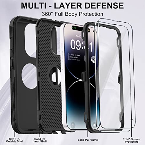 for iPhone 14 Pro Case with 2 Screen Protector,Full Body Shockproof Drop Protection Dust Proof Heavy Duty 3-Layer Rugged Durable Military Grade Cover for Apple iPhone 14 Pro 6.1" (Black) - color: Black II
