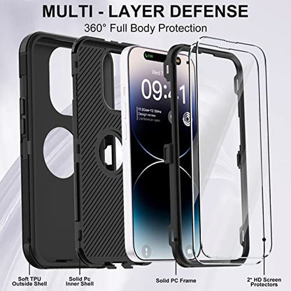 for iPhone 14 Pro Case with 2 Screen Protector,Full Body Shockproof Drop Protection Dust Proof Heavy Duty 3-Layer Rugged Durable Military Grade Cover for Apple iPhone 14 Pro 6.1" (Black) - color: Black II