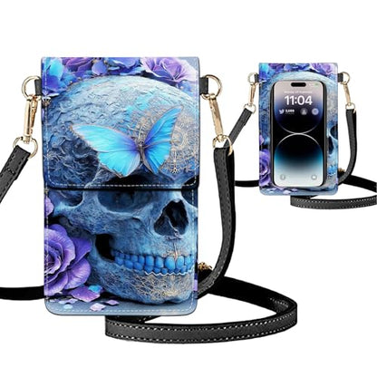 Small Crossbody Bags for Women Touchscreen Cell Phone Bag Cross Body Purses with adjustable Strap,Gifts For Teenage Girls - color: Blue Skull Butterfly