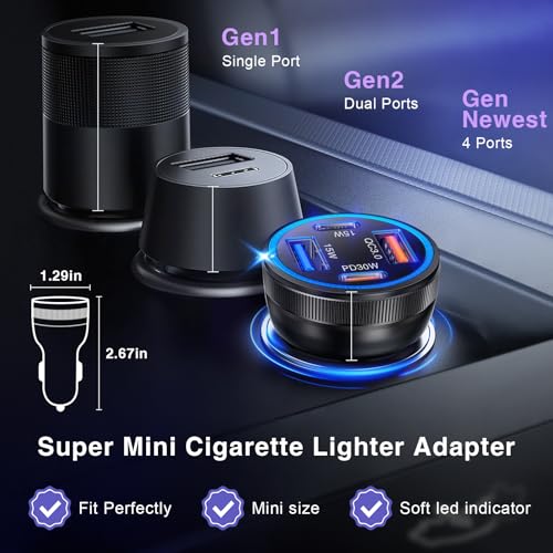USB C Car Charger, 3Pack 65W 4-Port Dual USBC & USB-A Car Charger Adapter