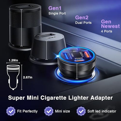USB C Car Charger, 3Pack 65W 4-Port Dual USBC & USB-A Car Charger Adapter