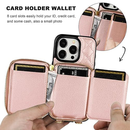 Bocasal Crossbody Wallet Case Card Holder for iPhone 15 Pro, Rose Gold | RFID Blocking PU Leather Zipper Handbag Purse, Kickstand Flip Folio Case with Card Slots Holder Wrist Strap Lanyard 6.1 Inch - color: Rose Gold