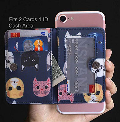 CheapSunday ID Card Holder for Back of Phone Leather Phone Wallet Stick On with Stand Flip Waterproof Leather Adhesive Wallet for Most Cellphones (Blue Cat Small) - color: Bluecat Small