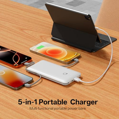 Portable Charger with Built-in Cables and AC Wall Plug, USB C External Battery Pack, 10000mAh Travel Essentials Power Bank Compatible with iPhone17/16/15/14/13, Samsung Galaxy, Pixel,Tablet and More - color: Pure white